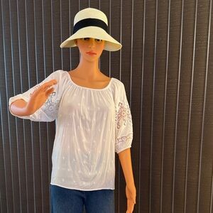 White Embroidered Peasant Top - Lightweight Women's Blouse